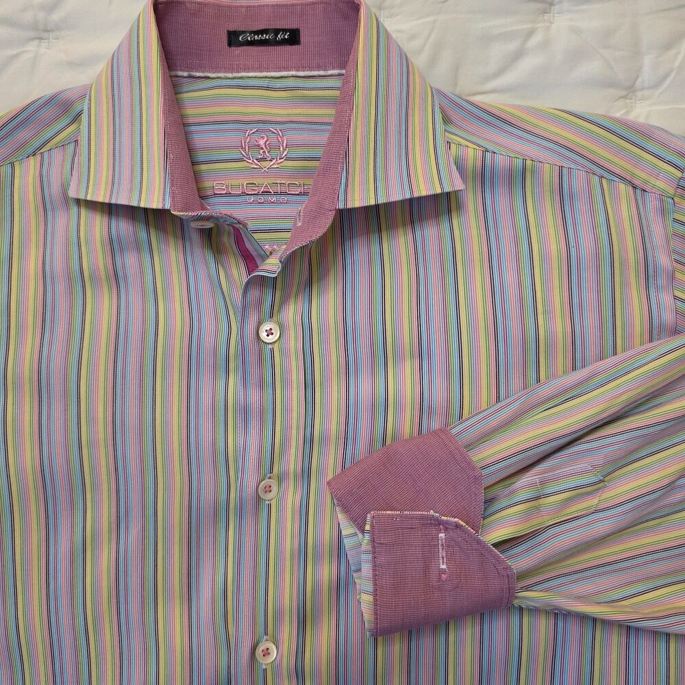 Bugatchi Uomo Rainbow Multicolored Striped Long Sleeve Dress Shirt